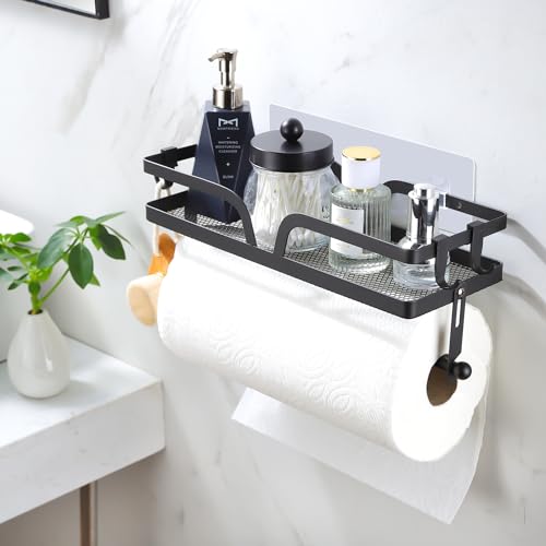 Image of Taozun Paper Towel Holder with Shelf, Kitchen Paper Holder Spice Rack Black Paper Towel Roll Holder RV Paper Towel Rack with 4 Hooks(2 Installation Methods - Self-Adhesive and Drilling)