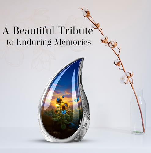 Image of Teardrop Sunflower with Butterfly Urn for Ashes for Women - Blue Urns for Ashes Adult Female Mother - Sunflower Urn for Human Adult Male - Large Decorative Urns for Mom and Dad 10inch