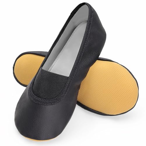 Turnschläppchen Mädchen Jungen Rutschfeste Oxfordsohle Gymnastikschuhe Mädchen Damen 100% Baumwolle Futter Schläppchen Leder Turnschläppchen mit Elastischem Schuhkragen für Gymnastik Schwarz EU 37