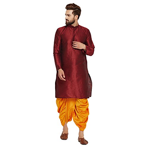 Image of SOJANYA (Since 1958 Men's Off-White and Gold Dupion Silk Dhoti Kurta Set