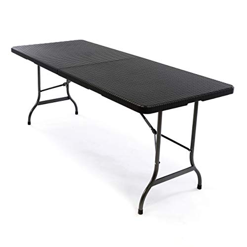 SONLEX Partytisch Klapptisch 183 x 76 x 74 cm schwarz Rattan-Optik Catering Gartentisch klappbar Bierzelttisch 18,5 kg Tragegriff für 8 Personen Cover