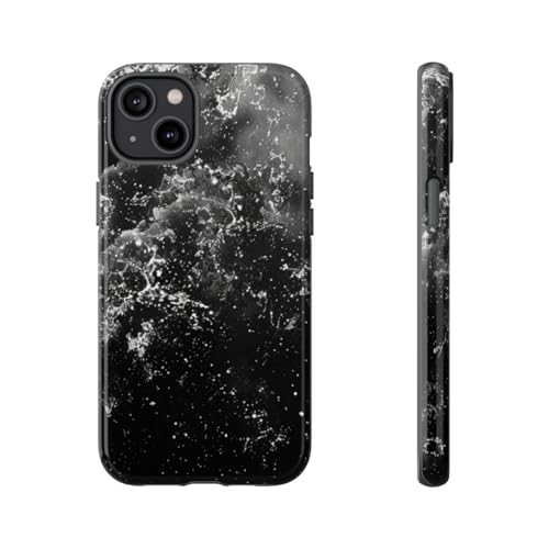Coque iPhone 14 Plus rigide motif galaxie noire blanche brillante