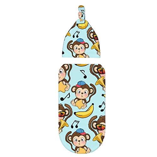 Image of Cartoon Monkey Newborn Swaddle Blankets with Hat Sets,Newborn Receiving Blanket for Boy Girl,Swaddle Sack Shower One Size