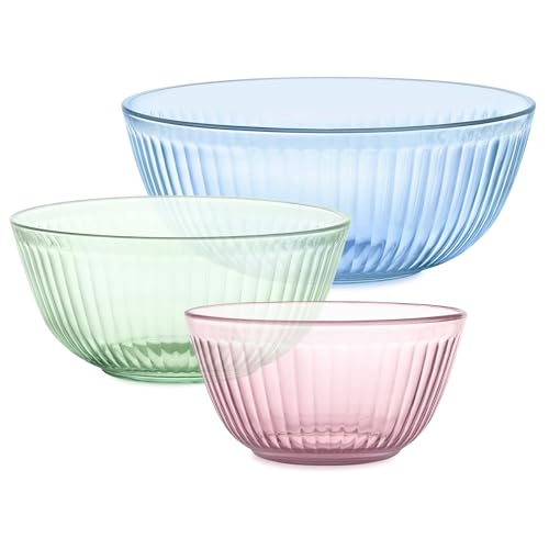 Pyrex Colors Tinted (3-Pack) Sculpted Tinted Unlidded Small/Medium/Large Glass Mixing Bowls, Nesting Space Saving Set of Bowls For Prepping and Baking, 1.3QT, 2.3QT & 4.5QT