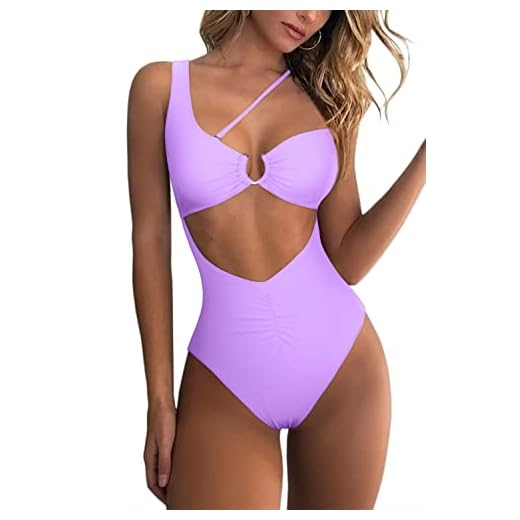 QINSEN Best Tummy Control Swimwear One Shouler Cutout Open Back Cheeky One Piece Swimsuit Light Purple S