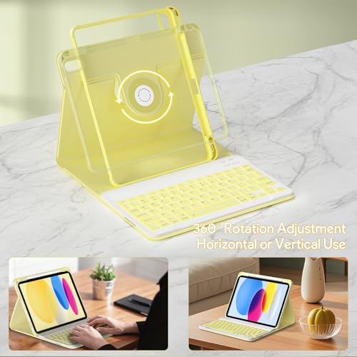 Image of YBING for iPad A16 Case with Keyboard & iPad 10th Generation 10.9 inch 2022, 360 Rotation Magnetic Cover with 7-Color Backlit Wireless Detachable Keypad with Pencil Holder (Yellow)