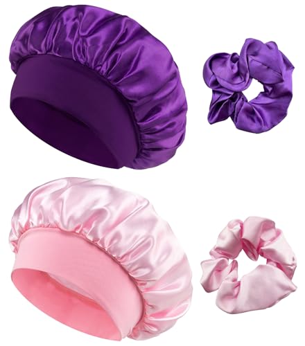 Loomify Bonnet Satin Cheveux Nuit, 2 Bonnet de Soie pour Dormir avec 2 Chouchous pour Femmes et Filles (Rose,Violet)