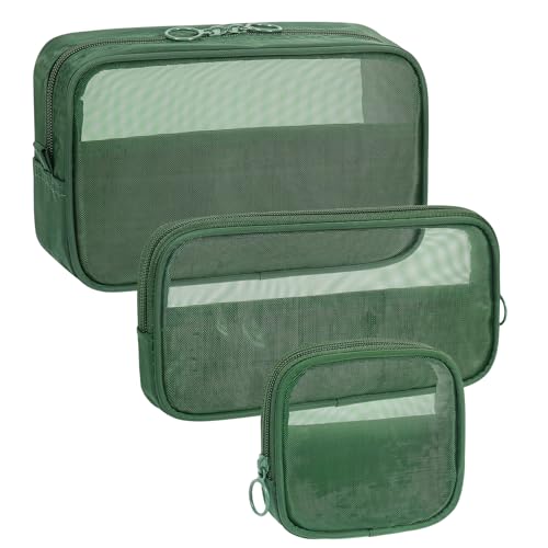 Image of besharppin Mesh Makeup Bag, 3 Pack Cosmetic Bag Set with Zipper Nylon Toiletry Pouch for Purse Diaper Bag (Green)