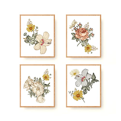 Image of Boho Vintage Floral Wall Art Prints Set of 4 Nursery Flower Boho Room Bathroom Decor Botanical Rustic Yellow Flowers Poster for Baby Girls Kids Room Bedroom Farmhouse Decor (11"x14" UNFRAMED)
