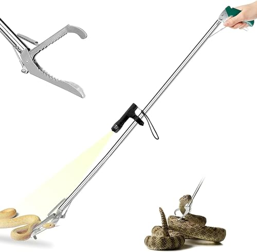Image of IC ICLOVER Snake Tongs, Upgrade 60 Inch Extra Long Snake Grabber, with Hands-Free Flashlight for Night Using, Heavy Duty Reptile Snake Catcher Wide Jaw Handling Tool with Lock, Non-Slip Grip Handle