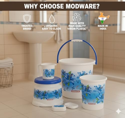 Image of MODWARE Floral Bathroom Set, 5 Pieces, Polypropylene, 20 L Bucket with Mug, Soap Case, Open Dustbin, Stool (Blue)