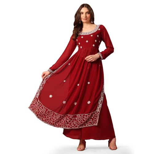 Image of PH POSHAKHUB Women A-Line Nyra Cut Kurta with Sharara in Georgette with Aari Work