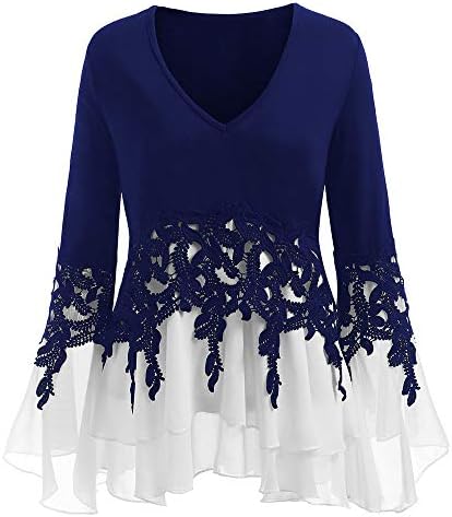 Malbaba Women Blouse, Falbala Long Sleeve Applique Flowy Plus Size Blouse Tops (2XL, Blue)