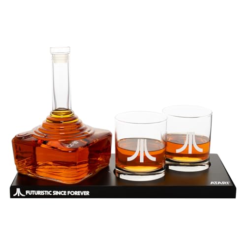 Official Atari Joystick Decanter Set with 2 x Atari Action Button Whiskey Glasses and CX78+ Games Pad Tray, for Whiskey, Scotch & Gin, 750ml Decanter, 300ml Glasses, Birthday Gift for Men – ThumbsUp!
