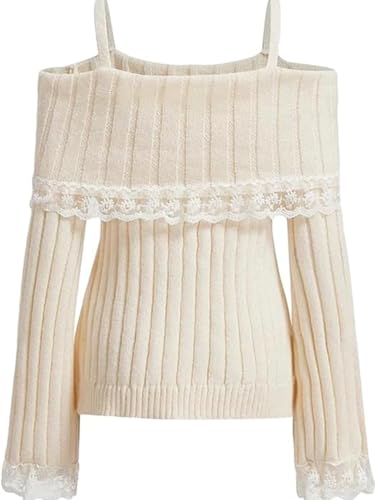 Women Off Shoulder Sweater Top Y2K Aesthetic Long Sleeve Lace Trim Knit Pullover Sweater Cutecore Kawaii Clothes4