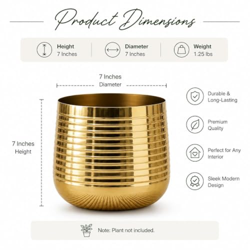 Image of Gold Metal Planter Pot for Indoor Plants, Decorative Ribbed Flower Pot for Living Room, Balcony & Home Decor