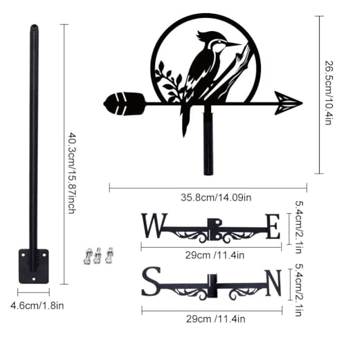 SUPERDANT Woodpecker Weather Vane Bird Weathervane Animal Metal Weathervanes Black Wind Vanes Wind Direction Indicators for Garden Roof Sheds Farmhouse Yard Outdoor Decoration - Image 2