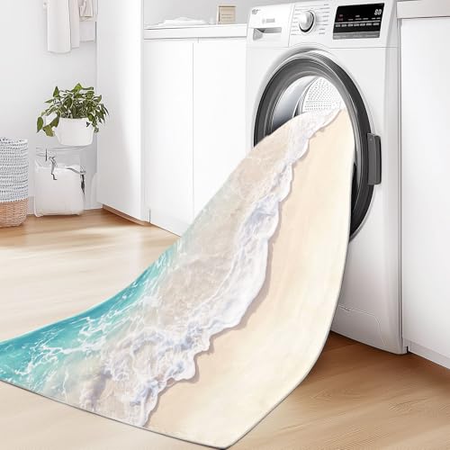 Tapis chambre enfant bleu lagon motif plage et vagues doux sous les pieds - 6