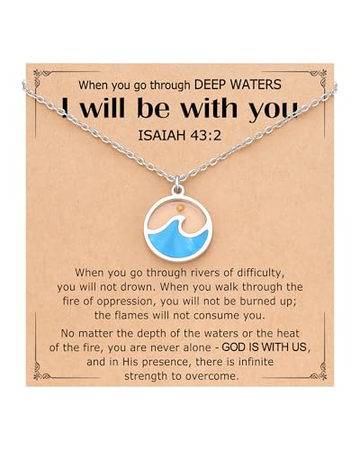 Strength Encouragement Gifts-When You Go Through Deep Waters Isaiah 43:2 Silver/Gold Mustard Seed Wave Necklace for Women Her