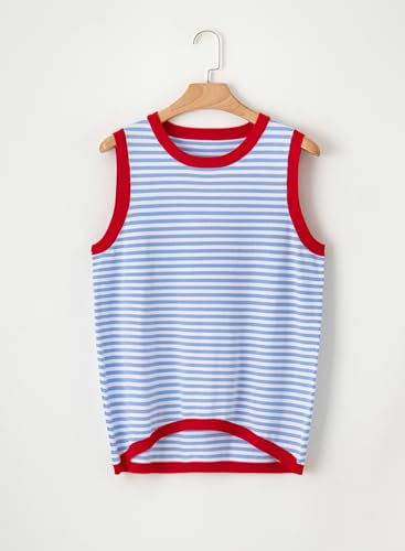 Image of Dokotoo Womens Summer Tops 2026 Casual Striped Color Block High Neck Tank Top Loose Knit High Low Sleeveless Shirts Blouses