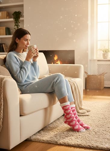 Image of Chiclinco 6 Pairs Heart Fuzzy Socks Cozy Winter Warm Socks Thick Fluffy Slipper Socks for Women Teen Girls