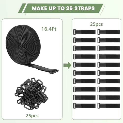 Image of Heavy Duty Hook and Loop Cinch Straps with Non-Slip Rubber Backing | 1 in x 16 ft, 25 Buckles | Cut-to-Length Adjustable Straps for Fastening & Organizing | Black