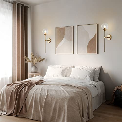 Image of BOKT Clear Bubble Glass Globe Wall Mounted Sconce Light Set of 2 Modern Brass Gold Long Pole Wall Sconce Lighting Set of Two Mid Century Vintage Bathroom Mirror Wall Lamp (Clear)