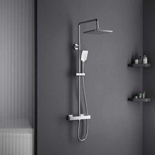 MORADO Thermostatic Shower Set,Adjustable Height Thermostatic Shower System, Shower Bar Set with Rainfall Shower Head and 3-Functions Hand Shower,Chrome Plated, Square Shape