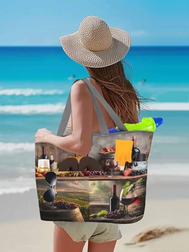 Mesh Beach Bag Oversized Tote Bags for Women Grapes Wine Farm Barrel Large Travel Pool Bags with 8 Pockets3