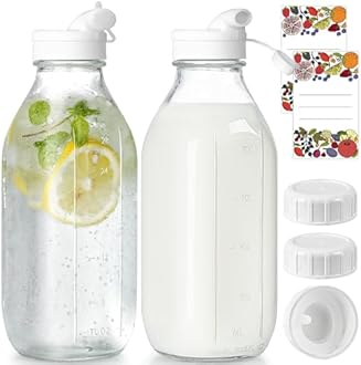 2 Pack Glass Milk Bottle with 2 Dispenser Caps, 100% Airtight Heavy Duty Screw Lid. 32 Oz Reusable Glass Water Jug with 3 Lids! Breast Milk Pitcher, Buttermilk, Nut, Juice, Syrup, Coffee Creamer