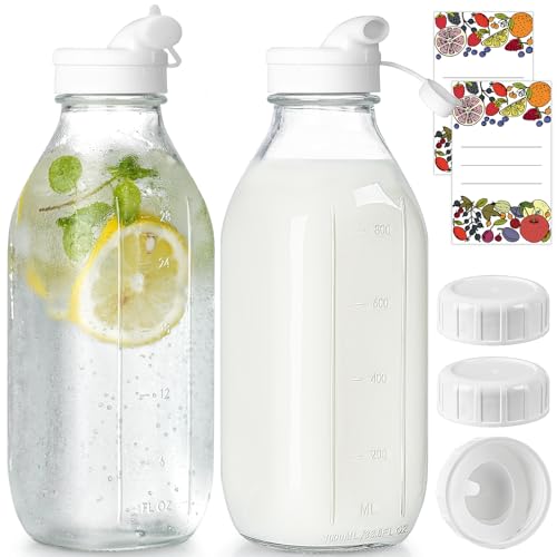 2 Pack Glass Milk Bottle with 2 Dispenser Caps, 100% Airtight Heavy Duty Screw Lid. 32 Oz Reusable...