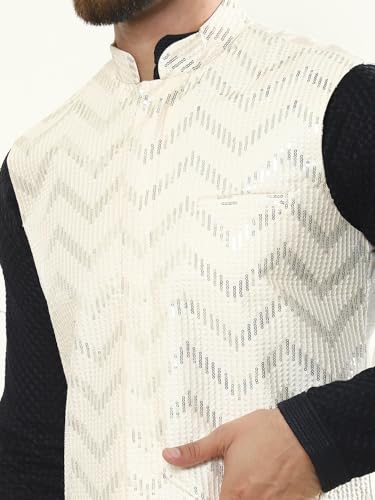 Image of SOJANYA (Since 1958 Men's Pure Cotton Kurta and White Pyjama with Sequins Nehru Jacket