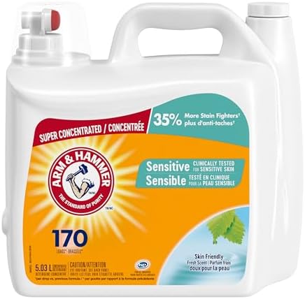 Arm & Hammer Liquid Laundry Detergent for Sensitive Skin, Super Concentrated, Skin Friendly Fresh Scent, 170 Loads, 5.03-L