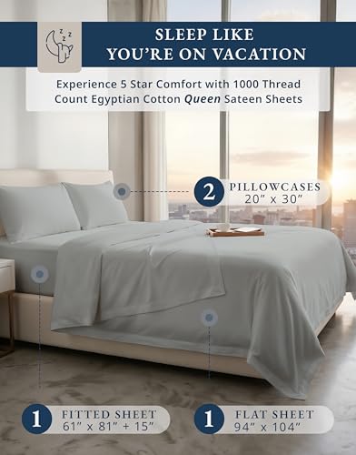 Image of LANE LINEN Queen Size Cooling Sheets 100% Egyptian Cotton Sateen - Silver
