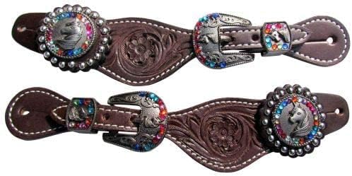 Showman Youth Dark Floral Tooled Leather Spur Straps w/Unicorn Engraved Hardware