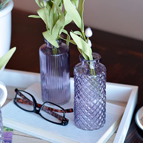 Modernist Home Rimmed Baby Bud Vases, Set Of 4, Amethyst Purple, Lacquered Glass, Fancy Geometric Patterns, 5.5 Inches Tall #TOP1