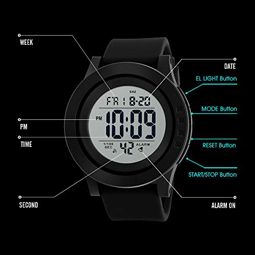 CakCity Mens Digital Sports Watch with Large Face and Large Number, Alarm, Waterproof Stopwatch, Black