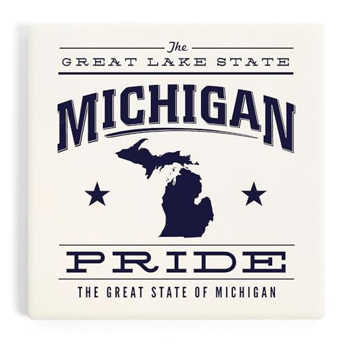 Michigan State Pride, Blue on White (Absorbent Ceramic Coaster, Single, Cork Back, Kitchen Table Decor)