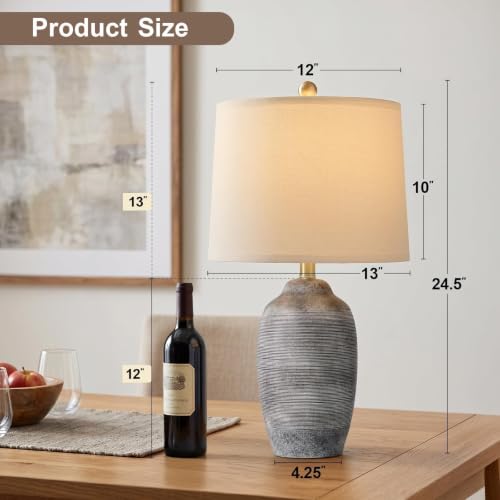 Image of 24.5 inch Vintage Ceramic Table Lamp Single-Rustic Boho Accent Nightstand Lamps for Bedroom, Living Room, Entryway-Small Textured Bedside Lamps, Modern Farmhouse Table Lamps for Home Decor Gray
