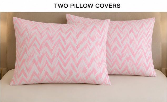 Image of Jashan 210 TC Premium Glace Cotton Comfort Zig Zag Design Bedsheet with Pillow Cover - Ultra Soft Cotton Queen Bed Sheet for Daily Comfort - Pink Zig Zag 90x90 Inche