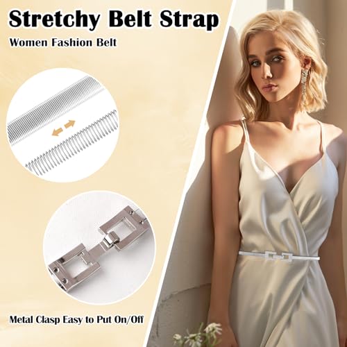 Women Skinny Metal Elastic Belt, Ladies Thin Belts Gold Silver Chain Belt Stretch Spring Waist Belt for Dresses Jeans2