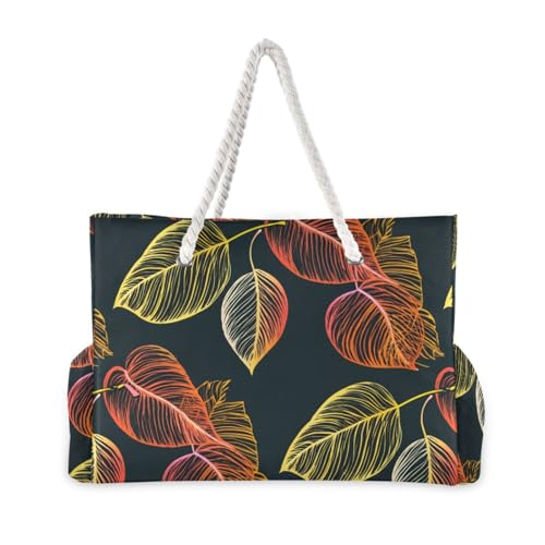 Veined Foliage Sketch Dark Beach Tote Bag for Women Large Travel Tote Bags Waterproof Carry On Swim Pool Bag Beach Bags with Zipper for Yoga Gym Women Vacation Essentials Nurse2