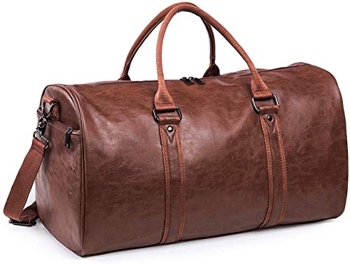KS Leather Travel Bag with Shoe Pouch?Waterproof Weekender Overnight Bag, Large Carry On Duffel Bag for Men Women-Brown