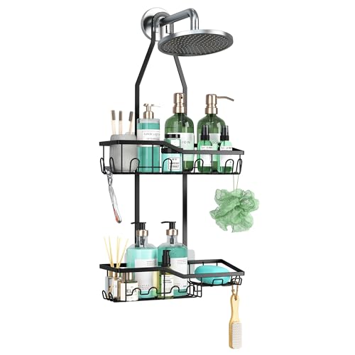 Shower Caddy Hanging,Rustproof Anti-Swing Shower Organizer,2 Tier Hanging Bathroom Caddy Anti-swing and Non-slip,Bathroom Organizer with 18 Hooks for Razor/Sponge (Black, Large)