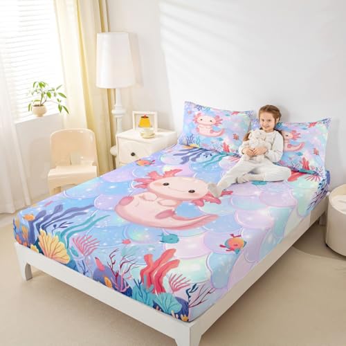Image of jejeloiu Cute Axolotl Bed Sheets Set Full Size Kawaii Ocean Sealife Bed Set for Kids Boys Girls Cartoon Salamander Deep Pocket Fitted Sheet Reptile Animal Breathable Soft Lightweight Microfiber