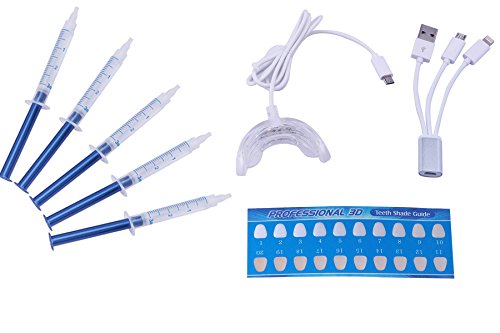 Teeth Optic Whitening Kit with 5 Pcs High Capacity Whitening Gel and Professional Blue LED Accelerator with 3 Adapter for iPhone Android USB Whiten Coffee Tea Smoke Tetracycline Red Wine Stains
