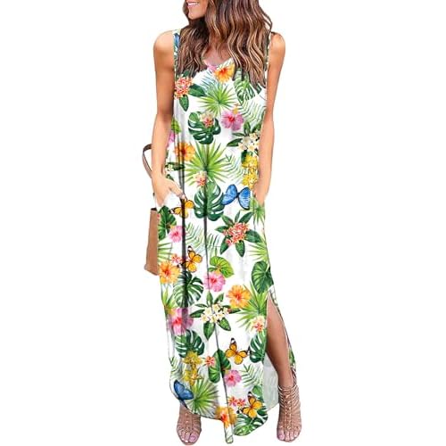 HUSKARY Women's Maxi Dresses V Neck Sleeveless Long Casual Dresses Loose Sundress with Pocket XX-Large Flower06