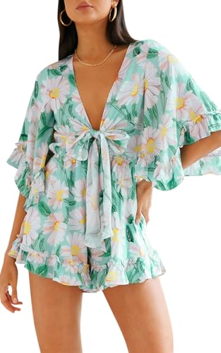 PRETTYGARDEN Womens Summer Knot Front V Neck Ruffles Short Sleeve Floral Print Swing Mini Romper One Piece Jumpsuits Shorts (Daisy Green,Small)