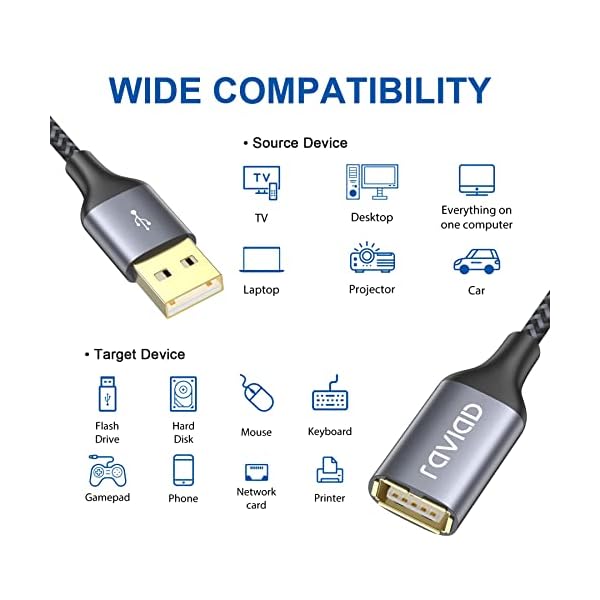 RAVIAD USB 2.0 Verlängerung Kabel 2M, USB Verlängerungskabel USB A Stecker auf A Buchse Nylon USB Kabel Verlängerung… – Bild 7