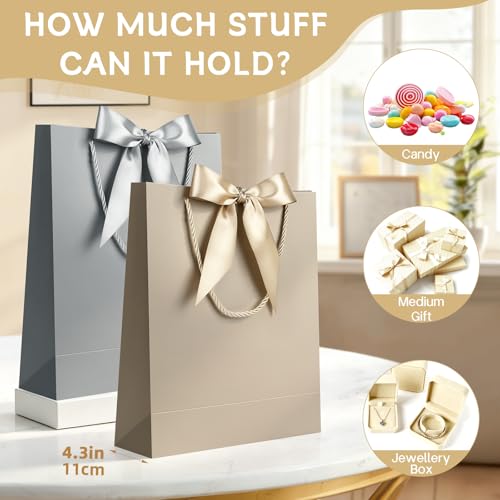 Image of JMANNI Gift Bag, 2PCS Gift Bags with Ribbon and 2 Greeting Cards 4 Tissue Paper, Portable Paper Gift Bag with Handles, Birthday Gift Bags,Present Bags for Wedding Party Mothers Day (Champagne silver)